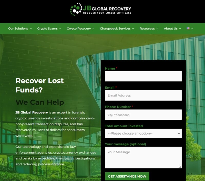 JB Global Recovery Review - Screenshot of jbglobalrecovery.com