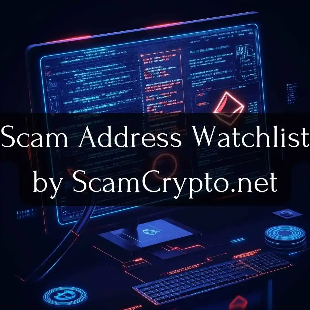 A futuristic computer screen displaying cryptocurrency data, with the words "Scam Address Watchlist by ScamCrypto.net" prominently overlaid.